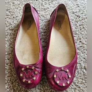 Michael Kors Magenta Flats with Floral Gold Logo Rosettes, Size 8